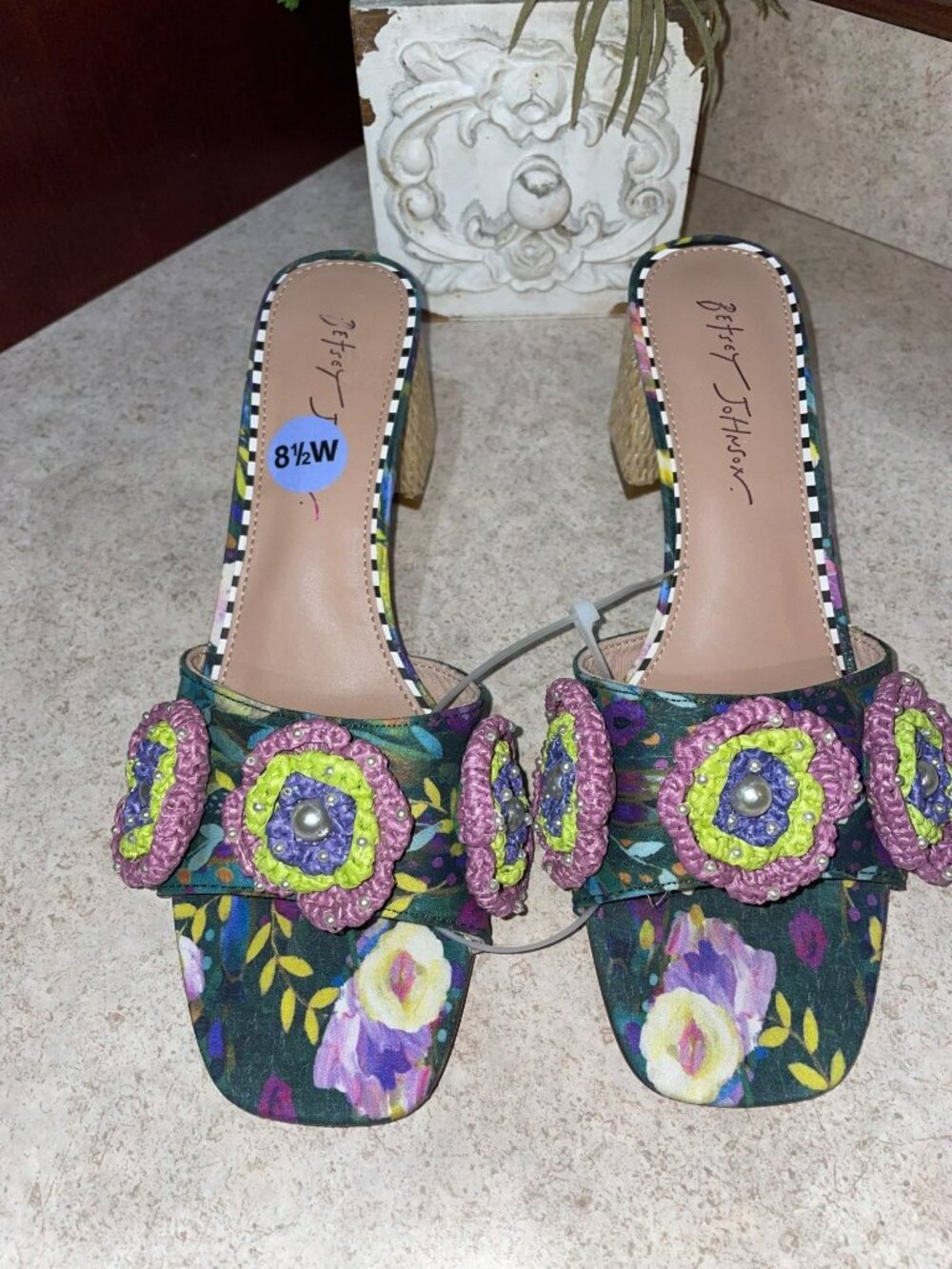 Betsey Johnson Floral & Crochet Embellished Sandals With Raffia Block Heel Size - Picture 9 of 10